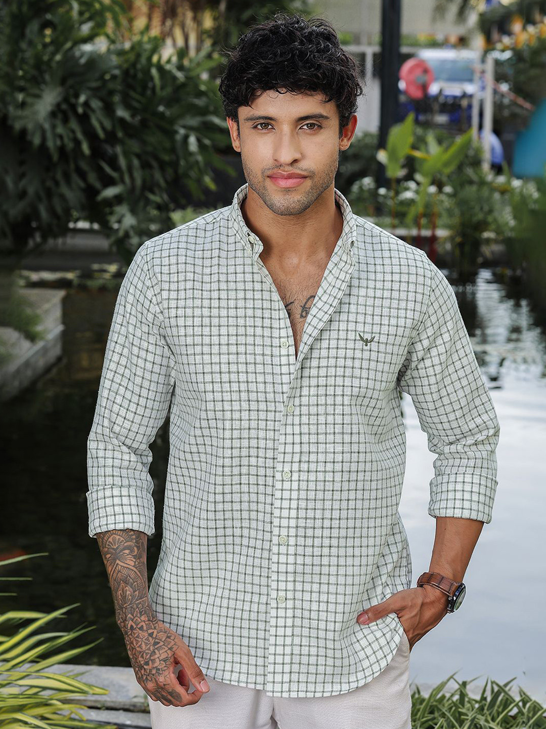 PERCH India Slim Fit Checked Button-Down Collar Cotton Linen Casual Shirt