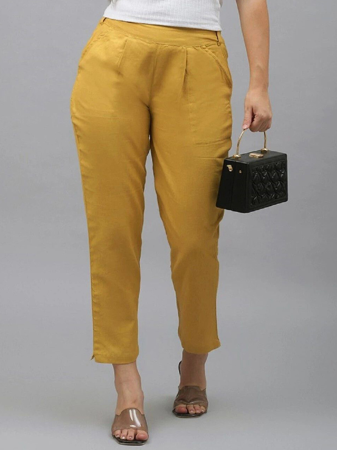 Me Craft Women Comfort Mid Rise Slim Fit Peated Cigarette Trousers