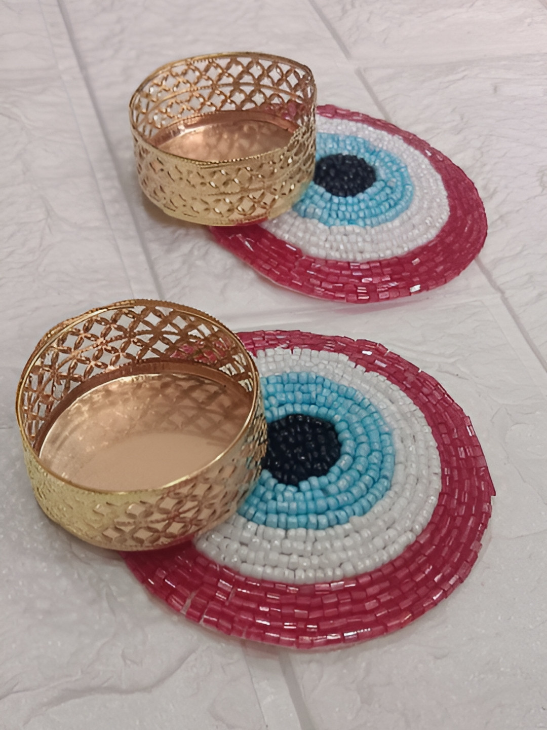 Sellplus 2Pcs Pink & Beige Textured Evil Eye T-Light Candle Holders