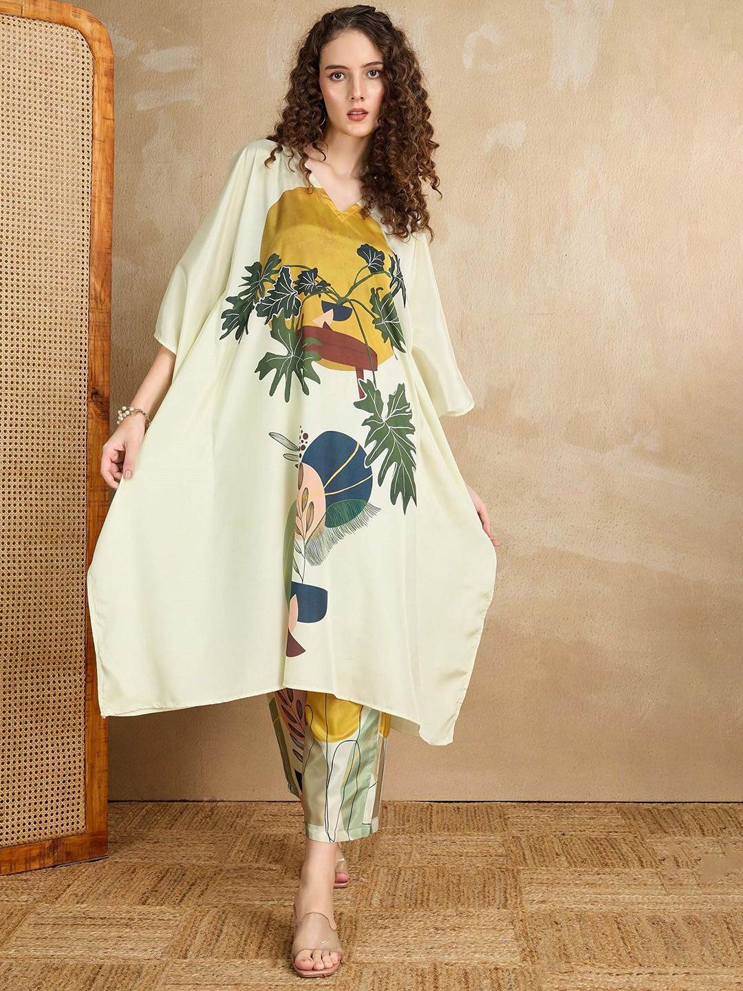 LABEL AARNA Women Echoes of Eden Printed V-Neck Silk Crepe Co-ord Set