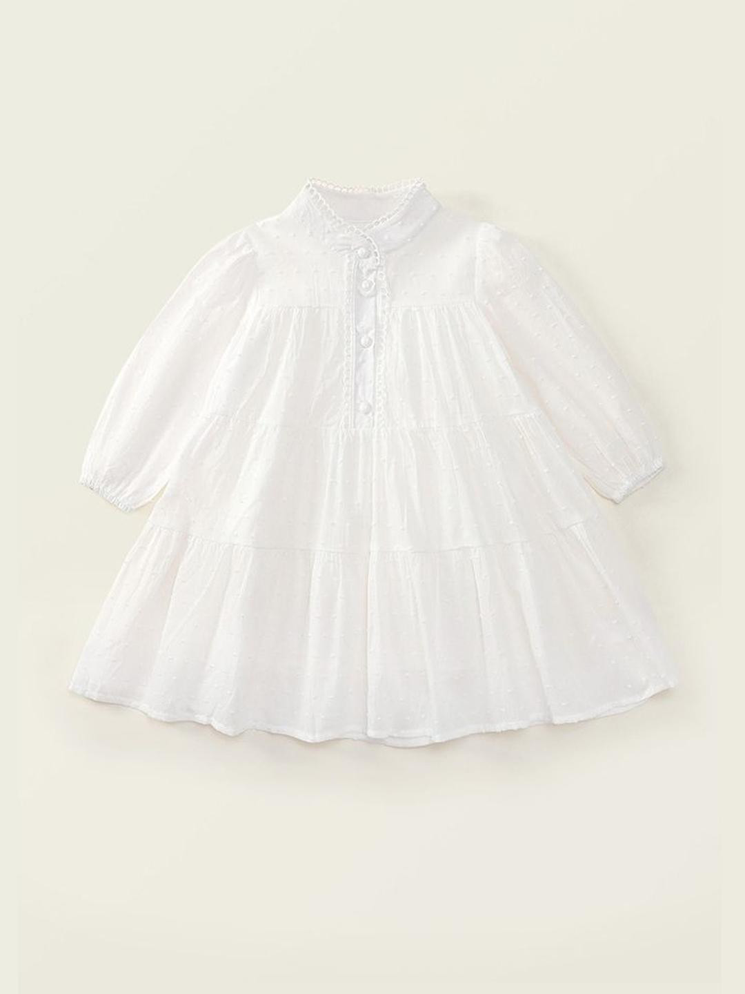 LULU & SKY Girls Self Design Mandairan Collar Puff Sleeves Fit & Flare Dress