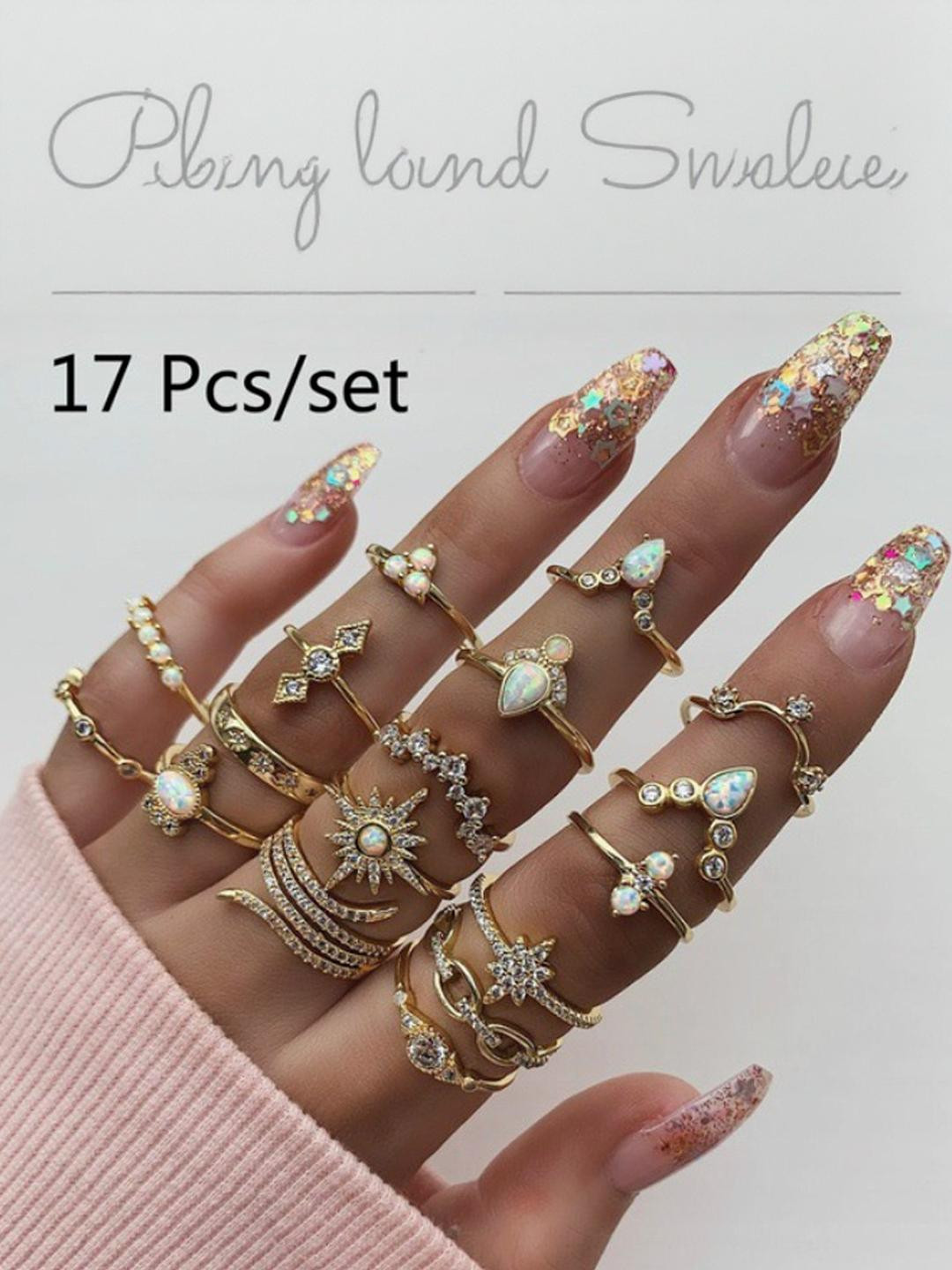 TheVineGirl 17 Pieces AD Studded Floral Gold Plated Plushy Rings