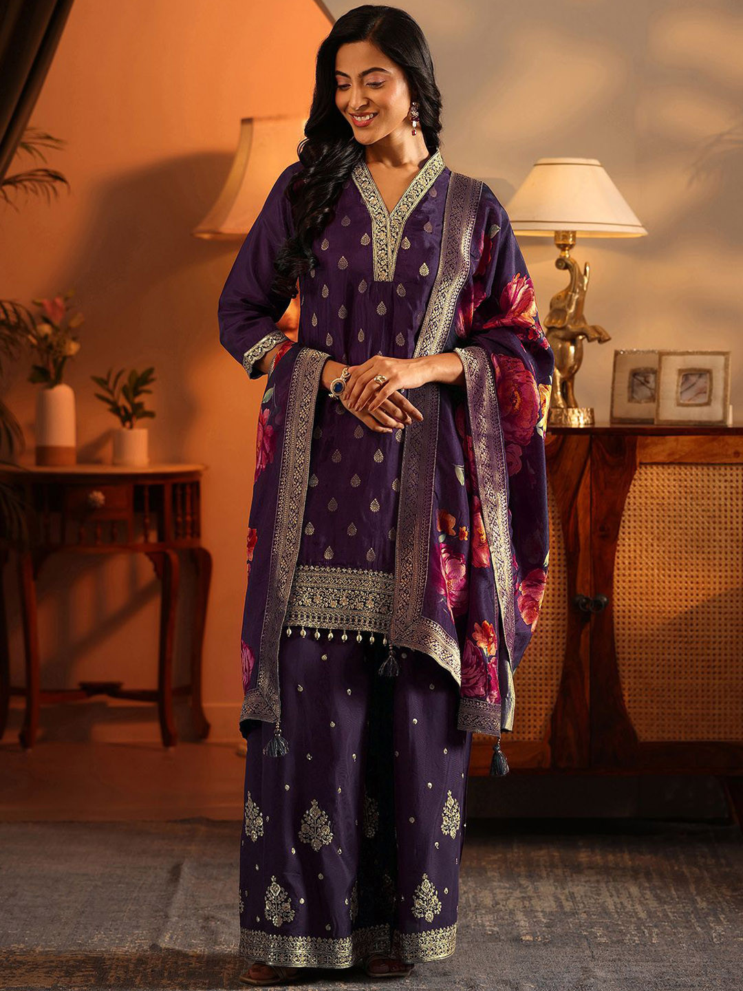 Libas Women Woven Design Kurta with Palazzos & Dupatta