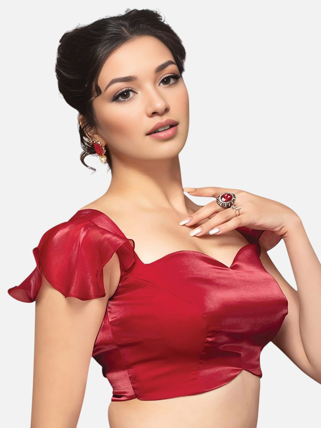 Biyu Sweetheart-Neck Short Ruffle Sleeves Readymade Saree Blouse