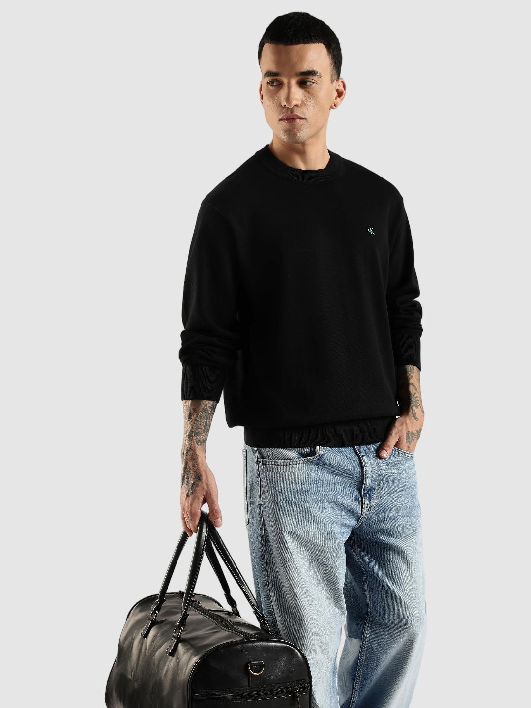 Calvin Klein Jeans Men Relaxed Fit Round Neck Long Sleeve Cotton Pullover Sweater