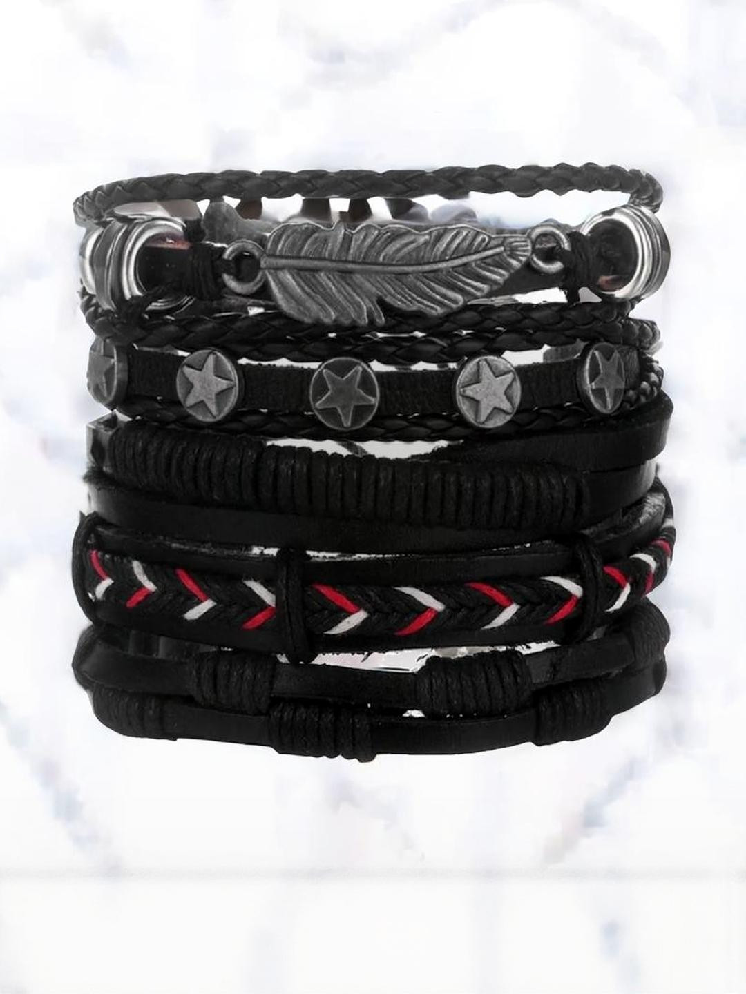 Black Oxidised Silver Feather Leather Bracelet For Men