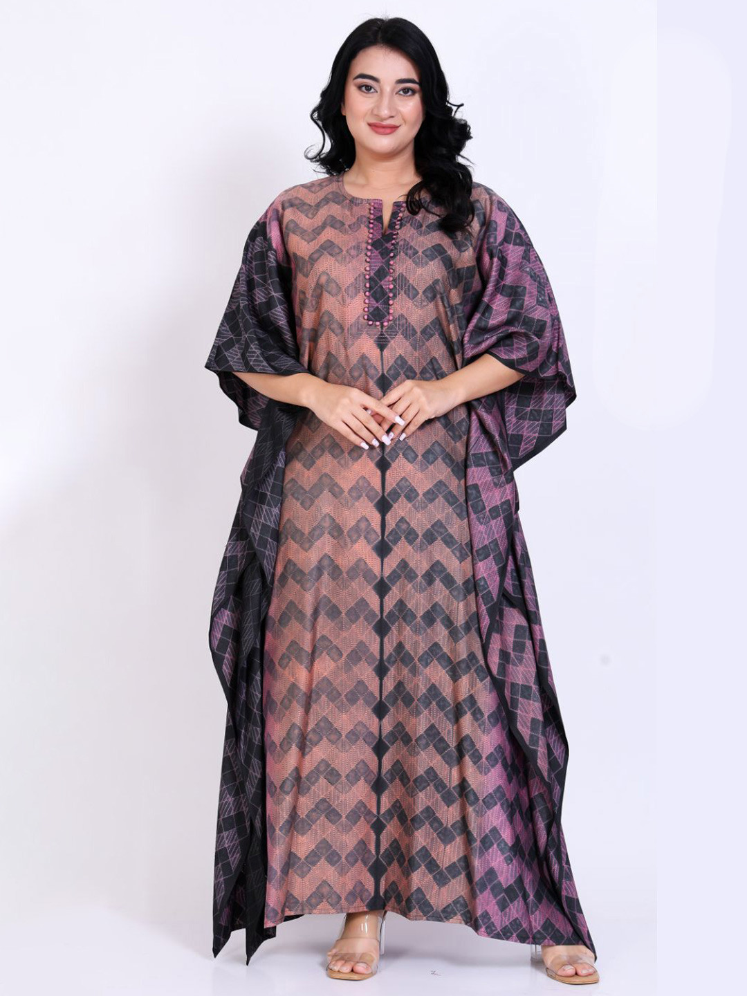 SILK N STYLES Printed Round Neck Kaftan Night Dress
