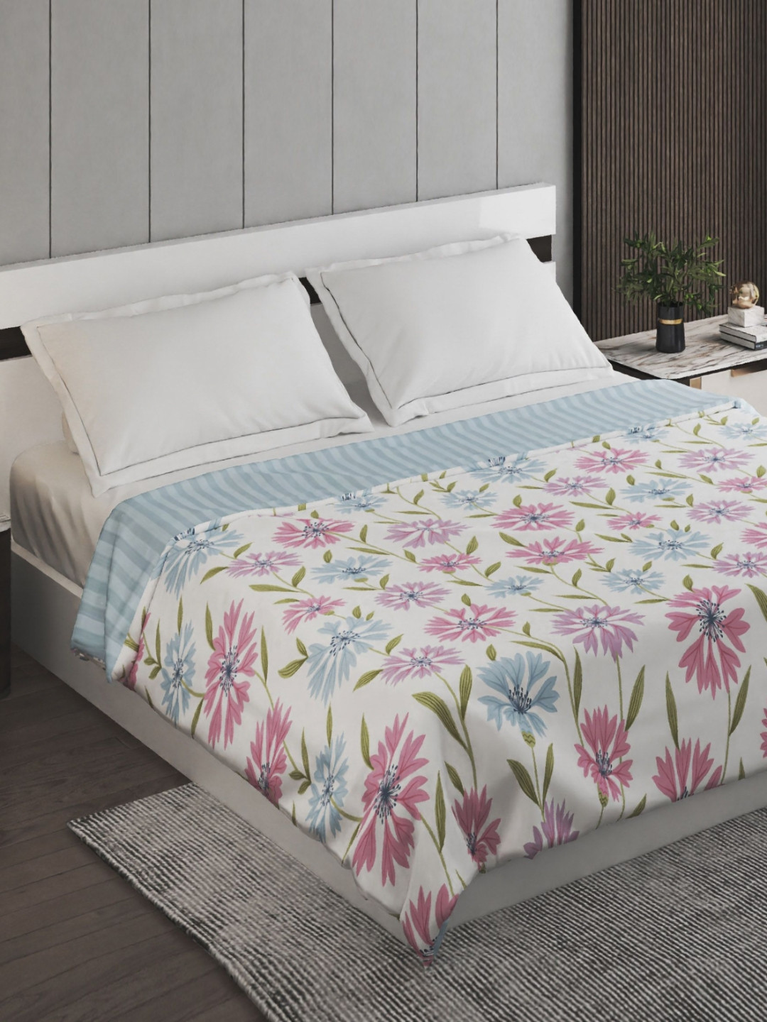 Home Centre Juniper Blue & White Floral Printed 90 GSM Double Bed Dohar