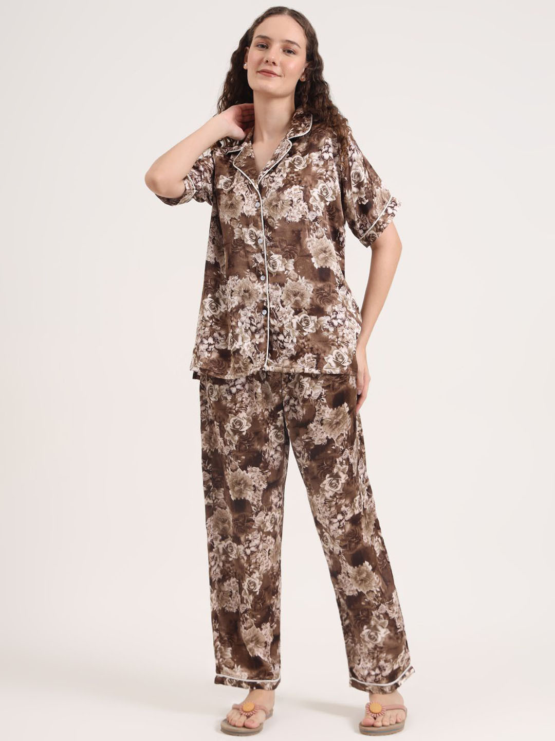 Dreambe Women Floral Printed Shirt and Trousers Night suit