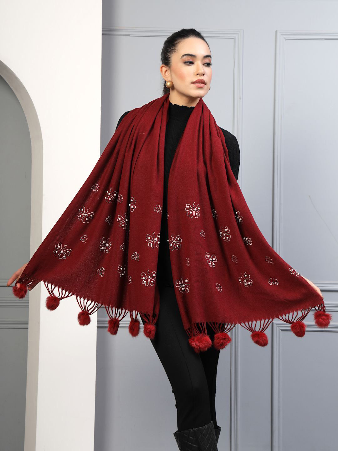 Mafadeny Women Stones and Pearls Embellished Woolen Stole with Pom-Poms