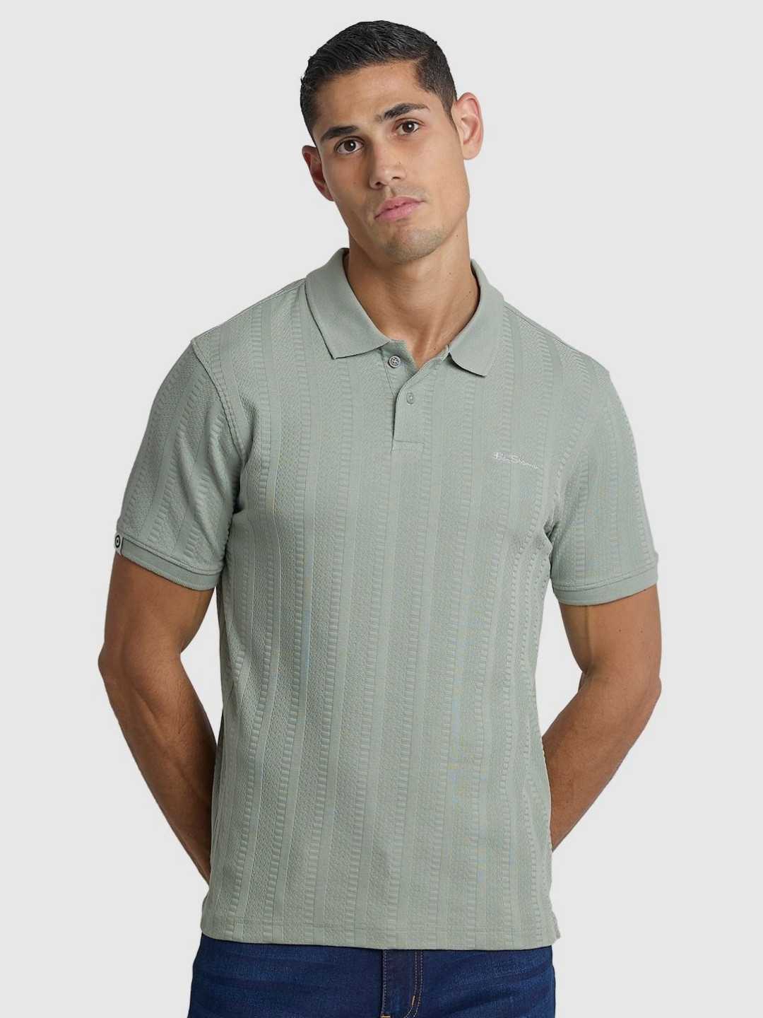 BEN SHERMAN Polo Collar Textured  Short Sleeves Cotton T-shirt