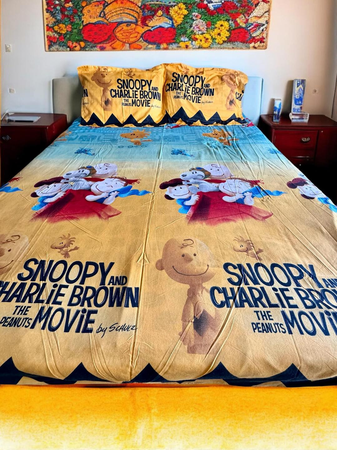 Wee Hours Blue Snoopy Cartoon Characters Printed Queen Bedsheet with 2 Pillow Covers