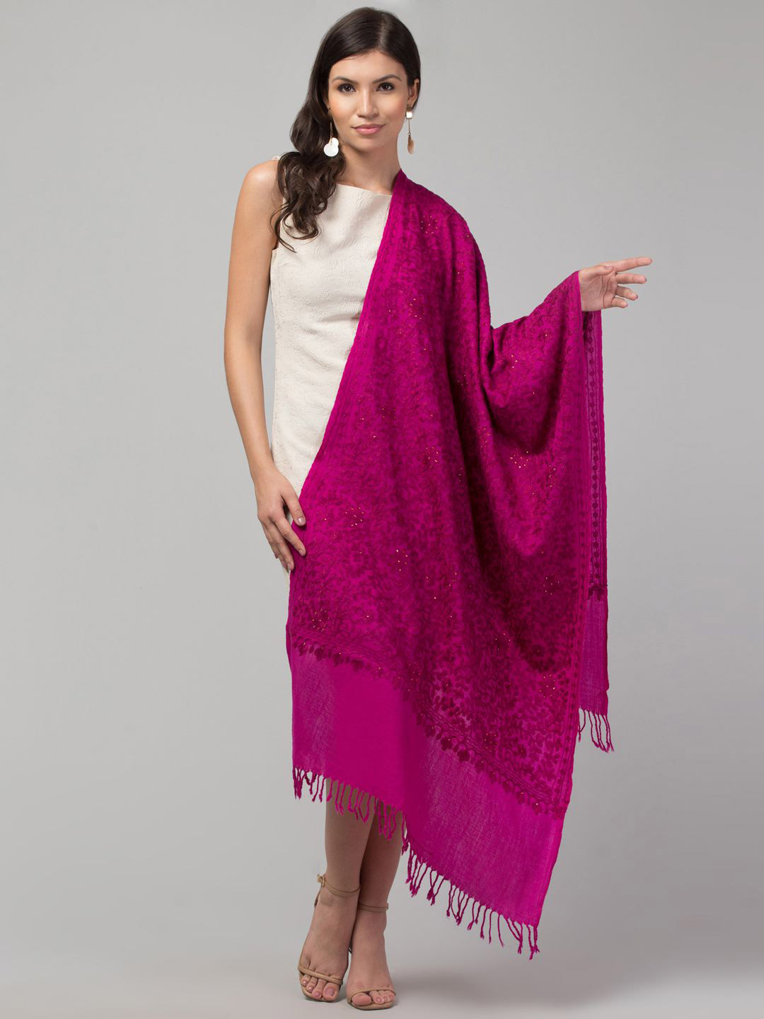 Tweedle Floral Embroidered Aari Work Woollen Stole