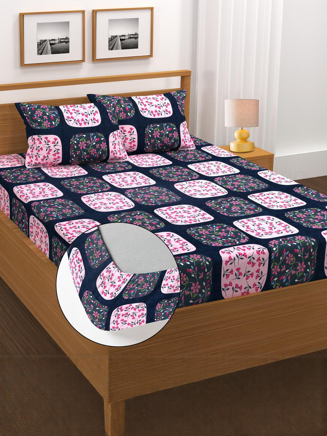 HIYANSHI HOME FURNISHING Printed Cotton Fitted King Size Bedsheet Set (72x78 inch)