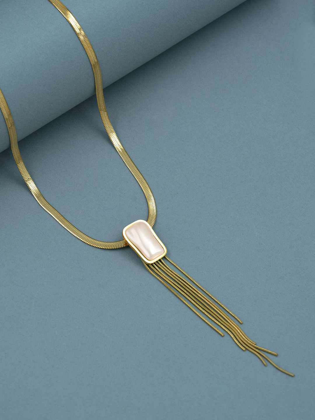 ARTKLIM Stainless Steel Gold-Plated Pearls Studded Bar Pendant With Chain & Golden Fringe