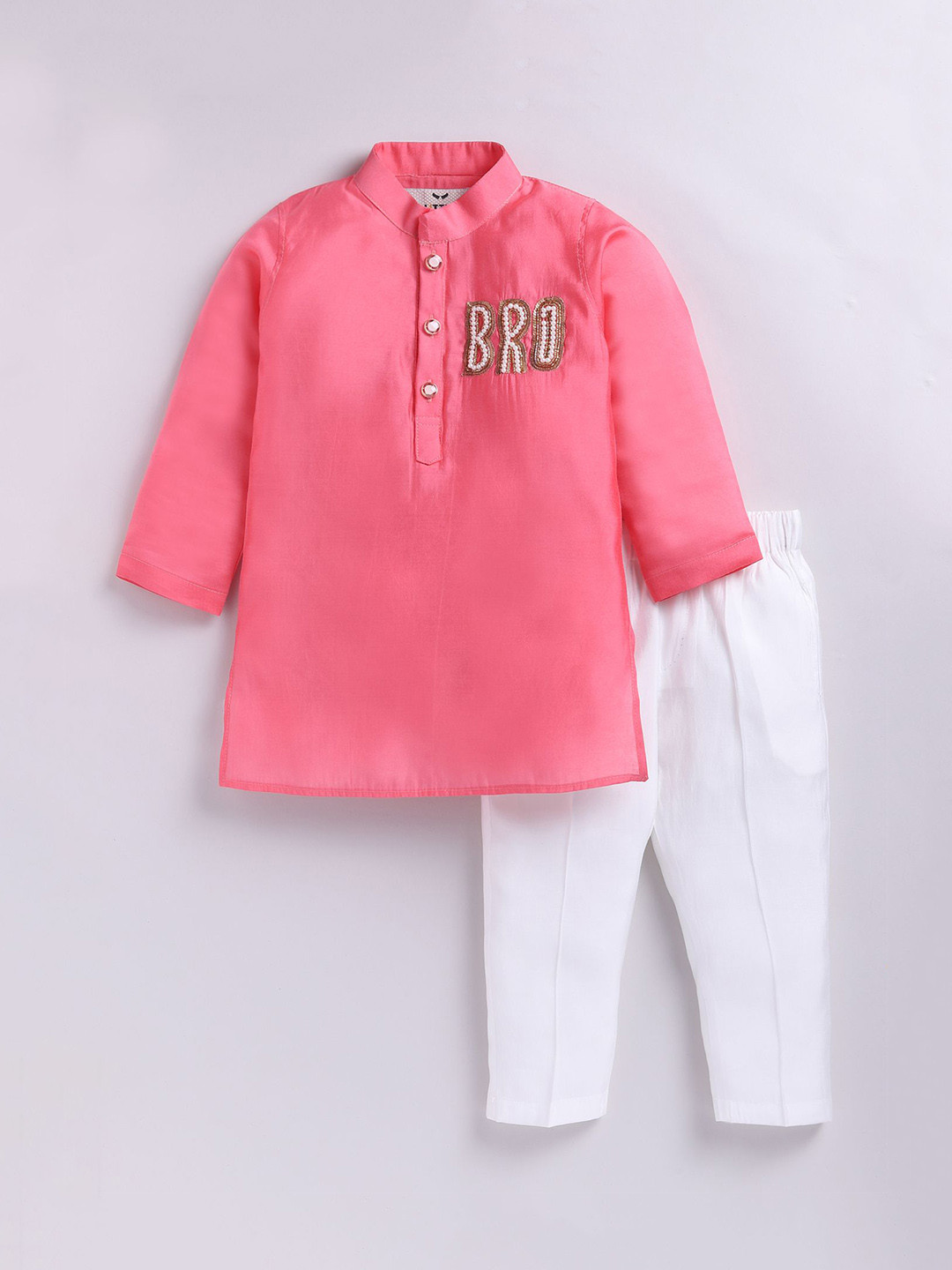 LITTLE COLLARS Boys Beads And Stones Mandarin Collar Pure Silk Straight Kurta With Pyjamas