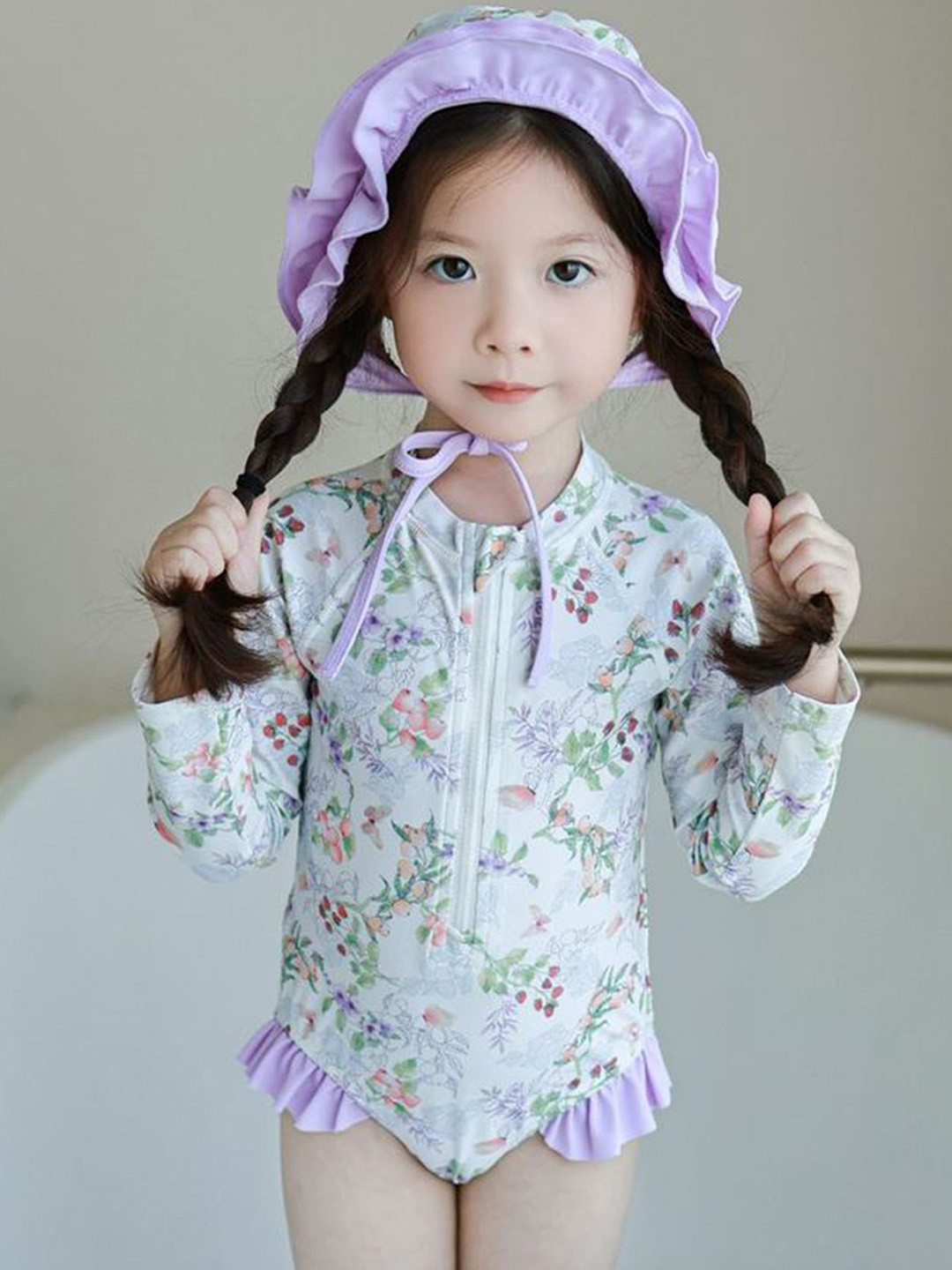 LULU & SKY Girls Floral Printed Round Neck Long Sleeves Bodysuit With Cap