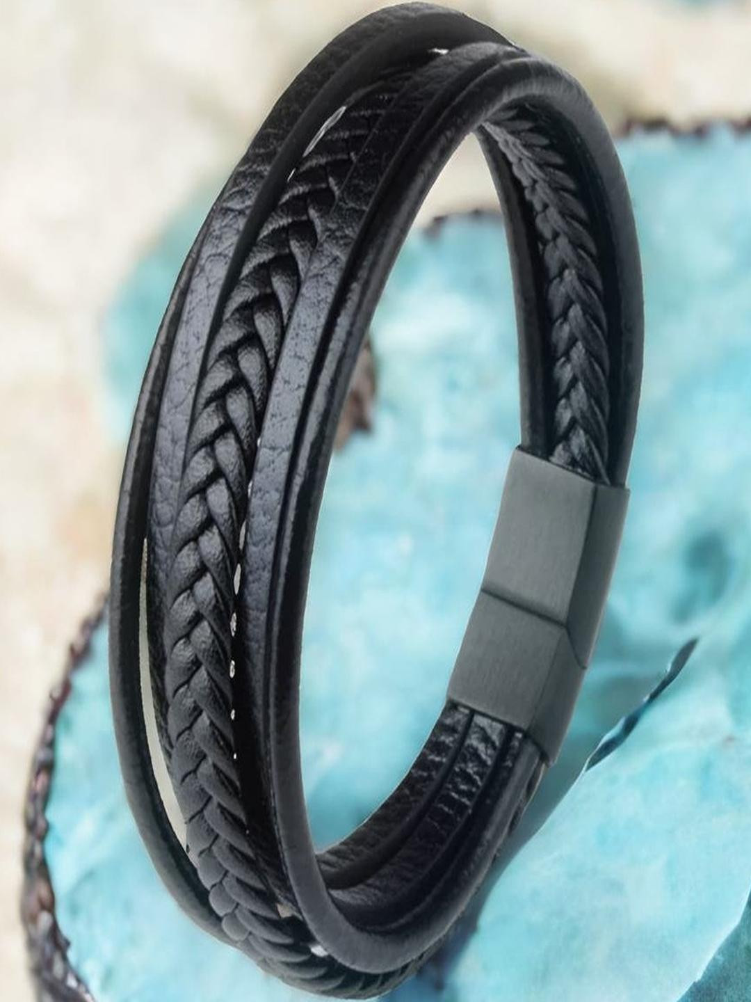 Black Braided Magnetic Clasp Leather Bracelet For Men