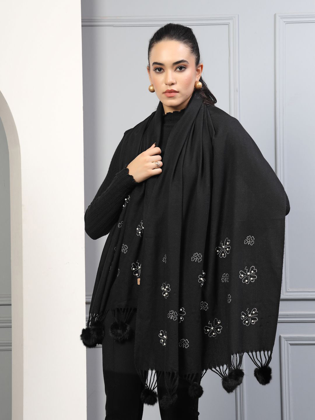 Mafadeny Women Stones and Pearls Embellished Stole with Pom-Poms