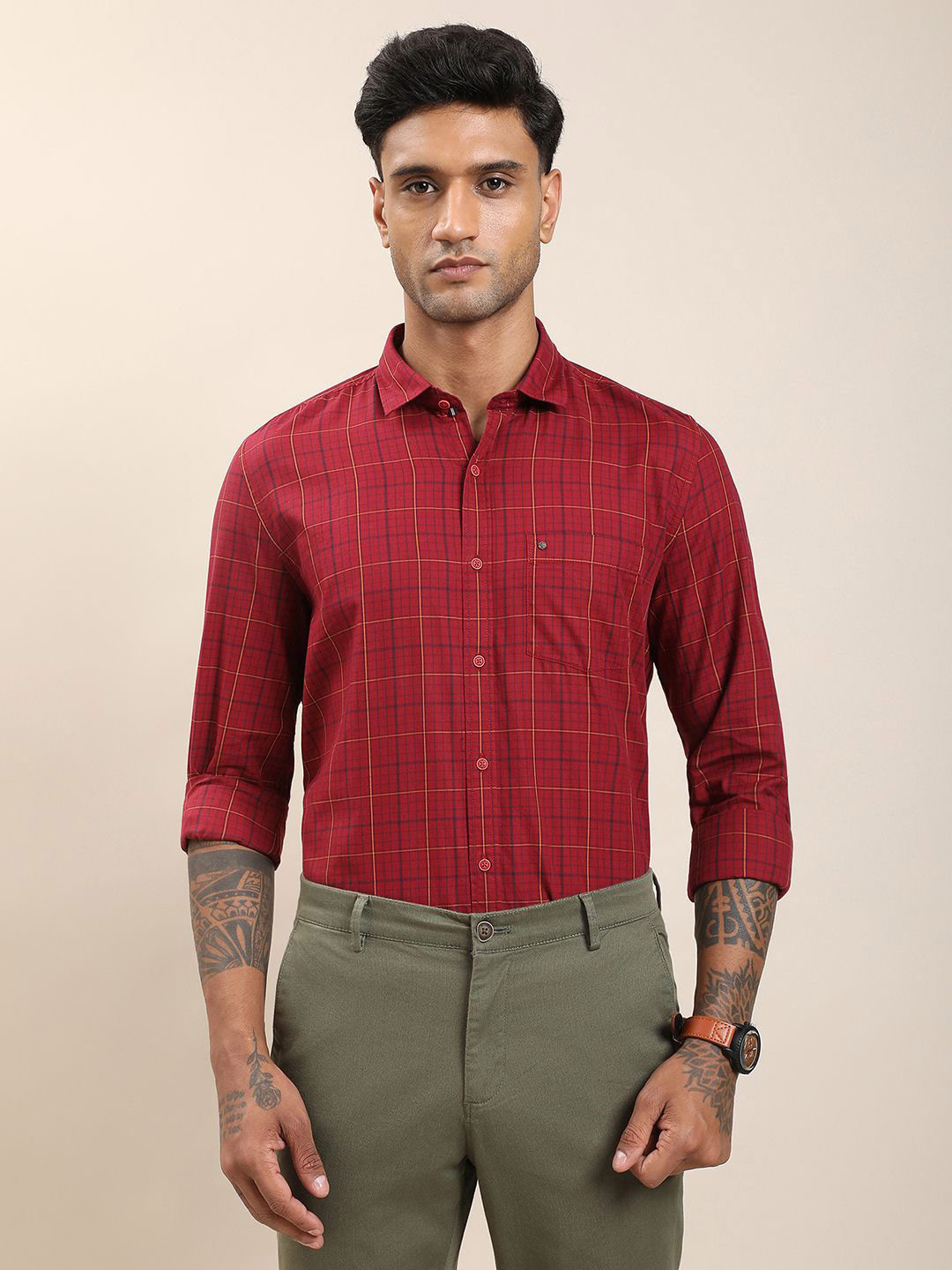 Turtle Tartan Check Checked Spread Collar Relaxed Slim Fit Pure Cotton Shirt