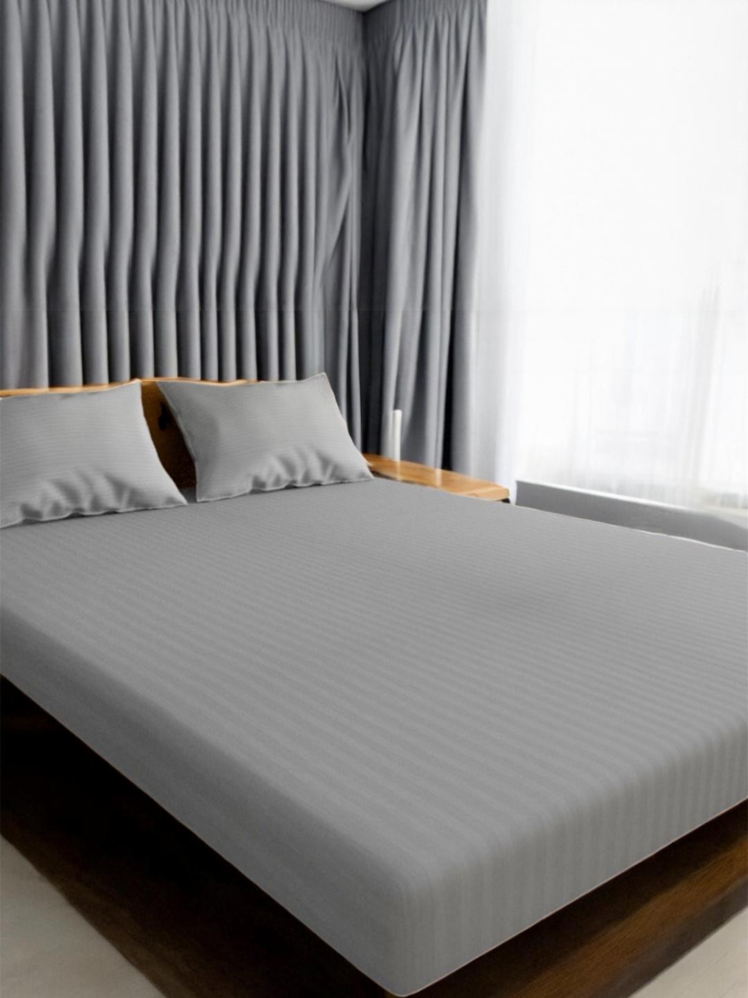 Wee Hours Grey Striped 350 TC Queen Bedsheet with 2 Pillow Covers