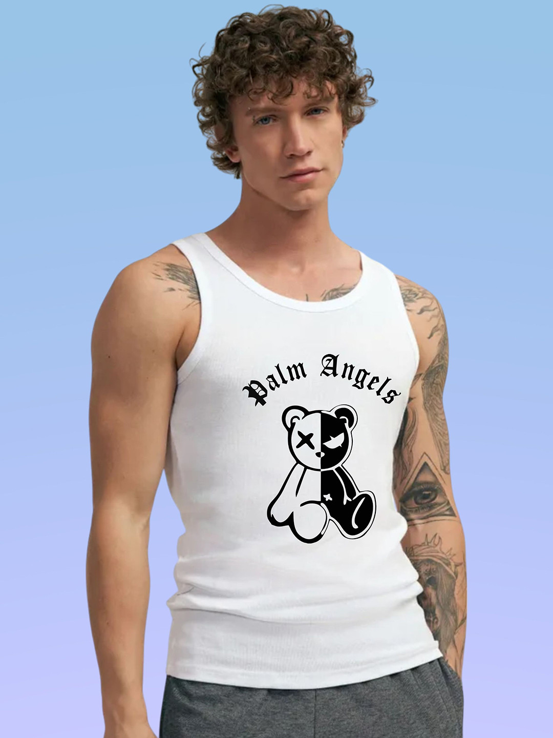 Uniplanet store Printed Scoop Neck Gym Vest UVM-PALM-ANGLEL-WHT-S