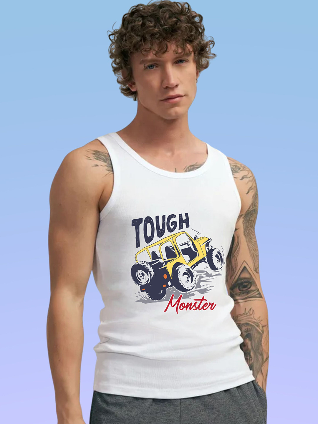 Uniplanet store Printed Scoop Neck Gym Vest UVM-TOUGH-MONSTER-WHT-S