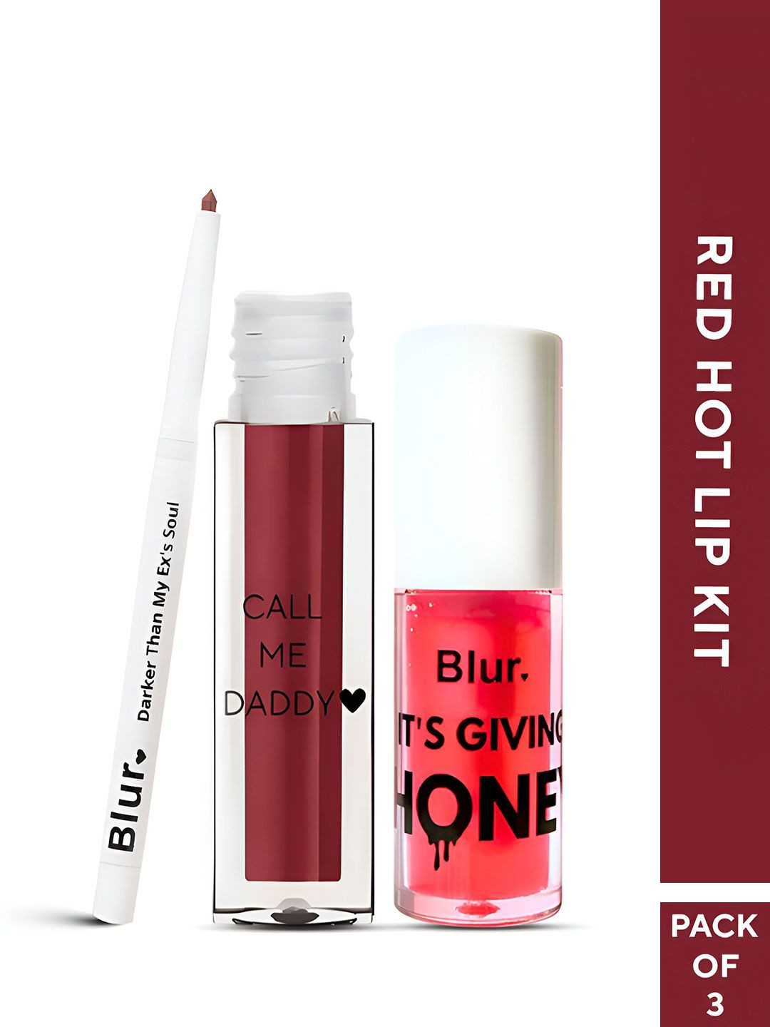 BLUR INDIA Set Of 3 Lipstick, Its Giving Honey Lip Oil & Darker Than My Ex's Soul Kajal