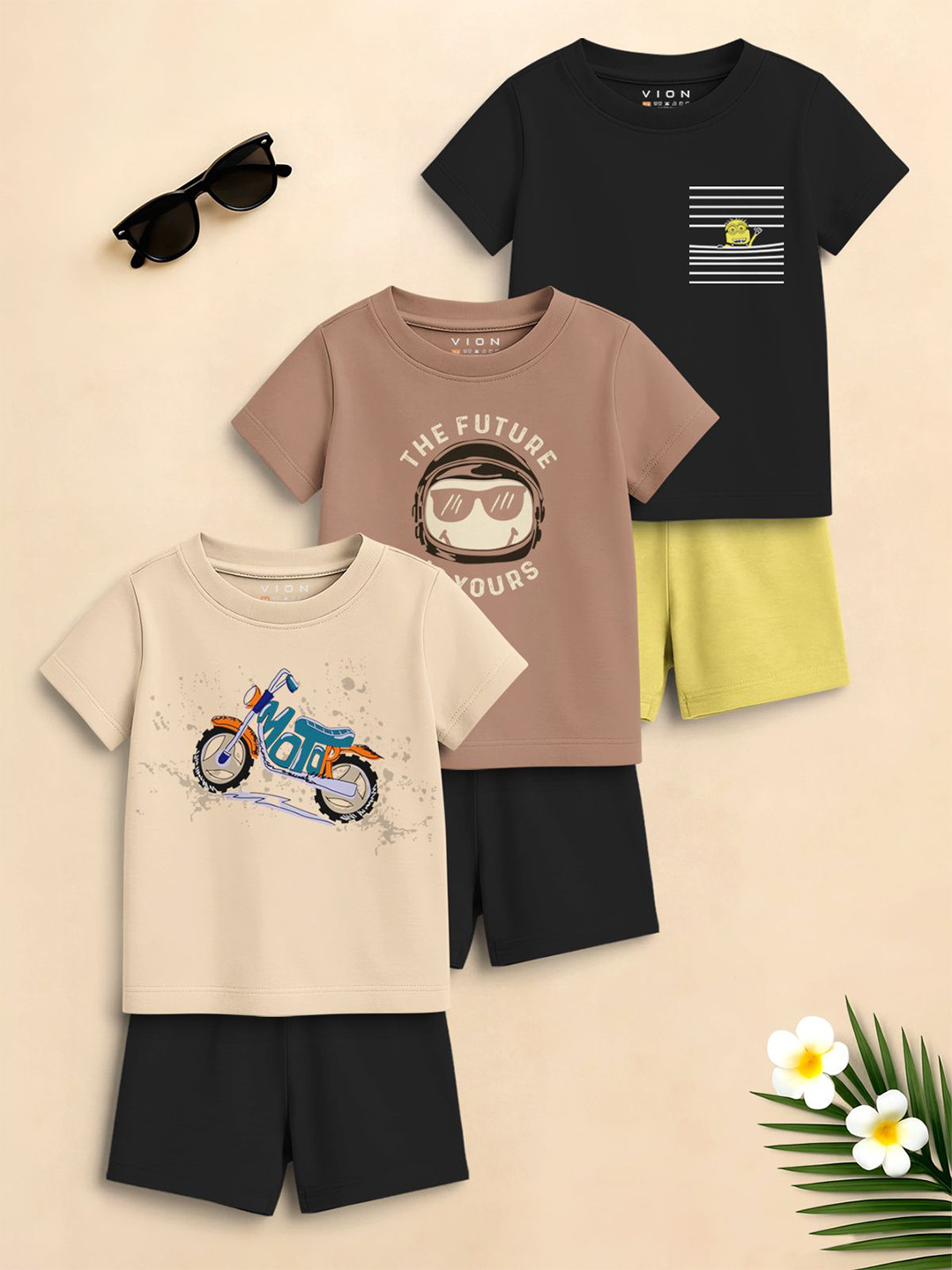 VION Boys Pack Of 3 Printed Short Sleeves T-shirts With Shorts