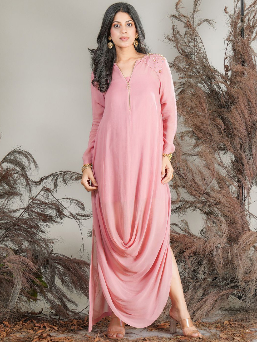 RIRASA Draped Midi Ethnic Dress With Camisole