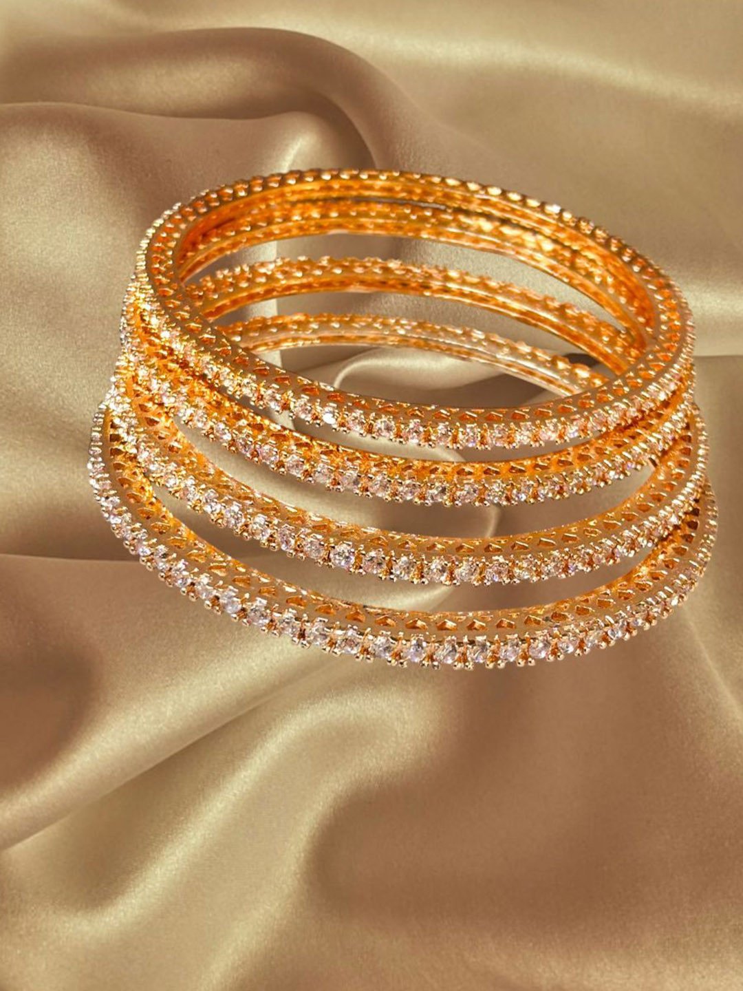 LA FILLE D'OR Set Of 4 Gold-Plated American Diamond Studded Bangles