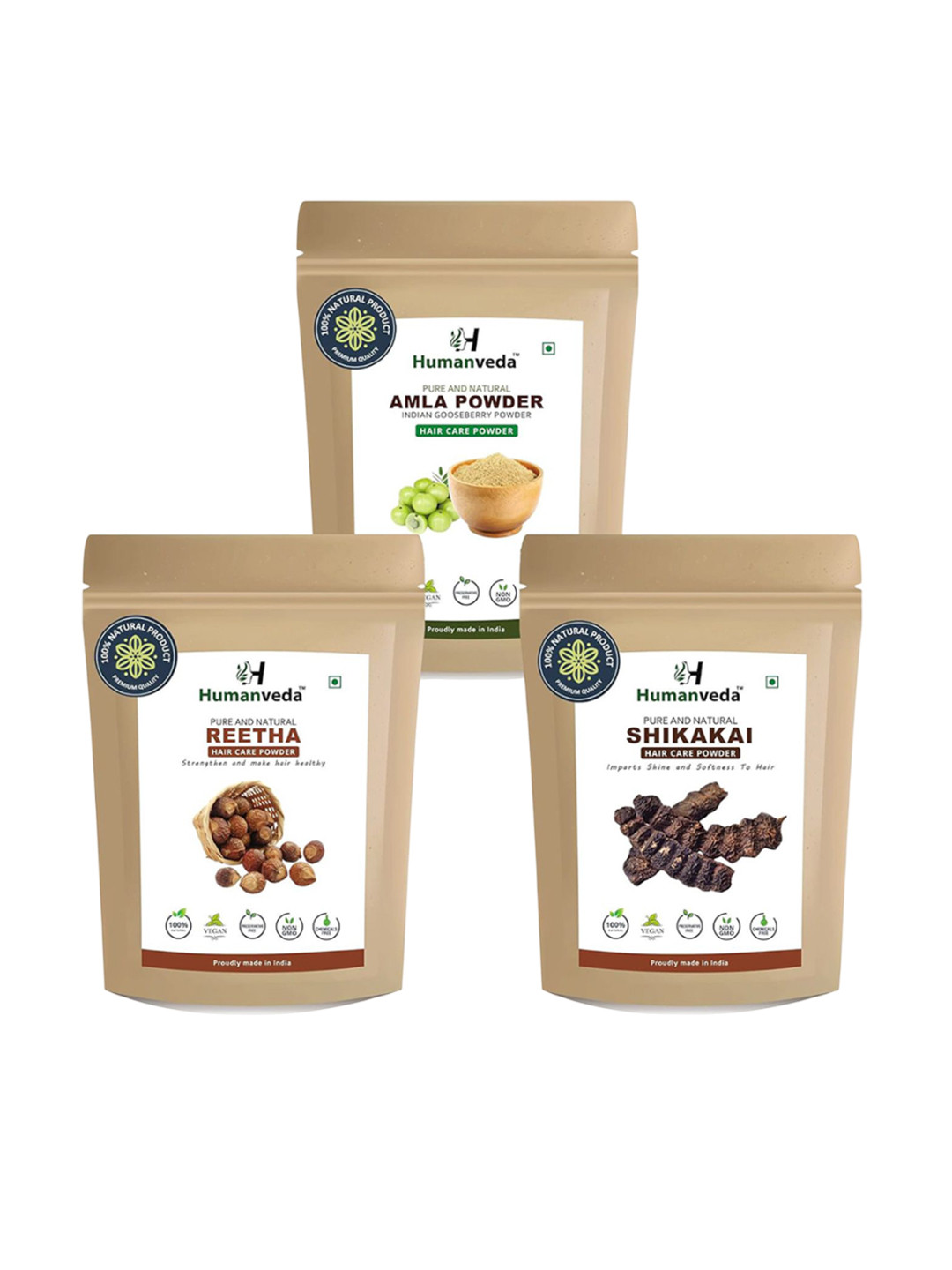 HUMANVEDA Set Of 3 Set Of 3 Pure & Natural Amla- Reetha & Shikakai Hair Powder-100 g Each