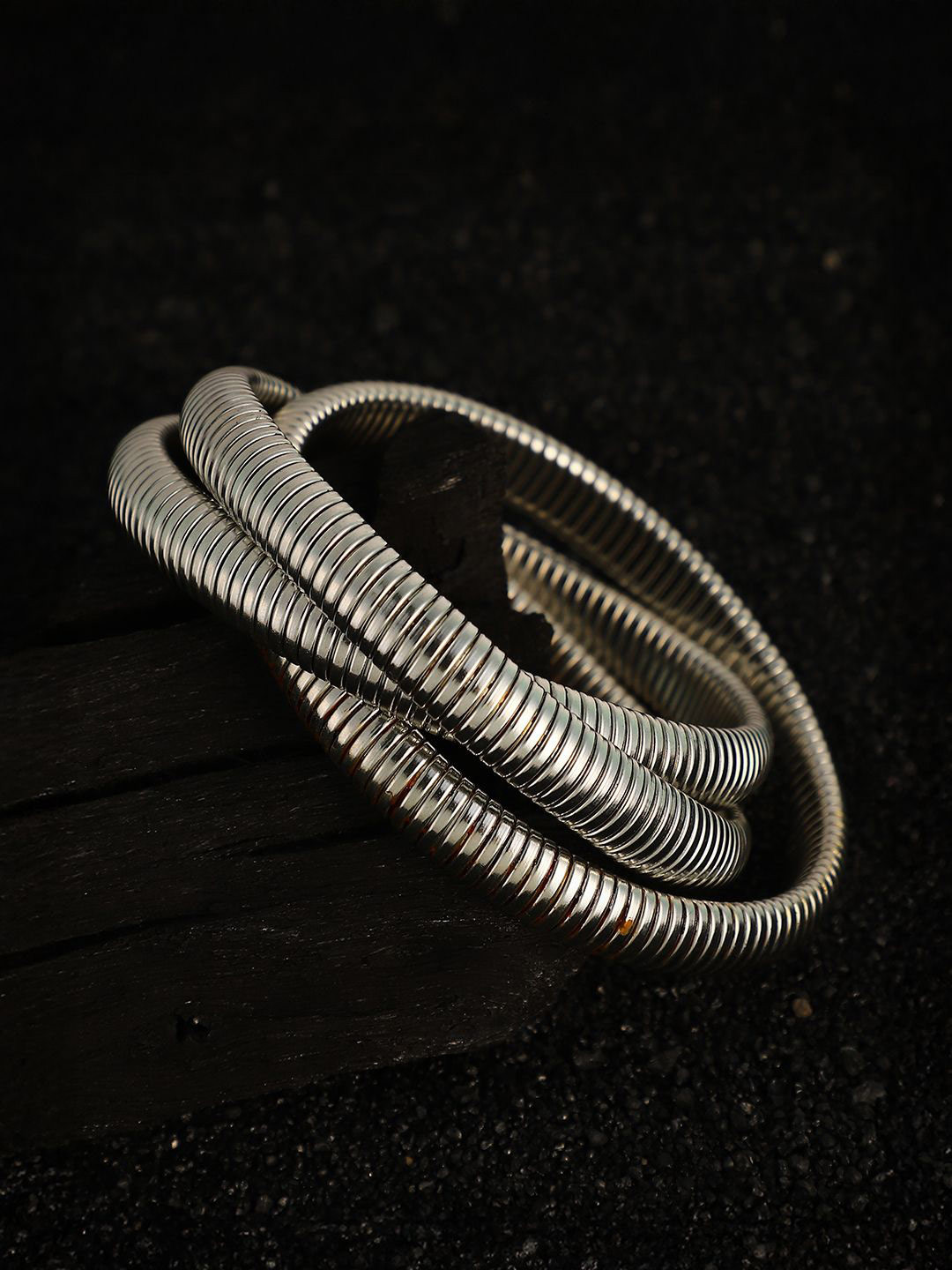 SOHI Women Snake-Ribbed Metallic Silver-Plated Cuff Bracelet