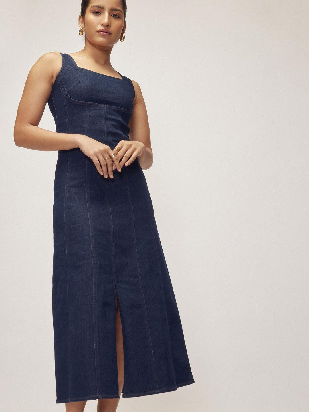 The Label Life Women Denim Front Slit Corset Dress