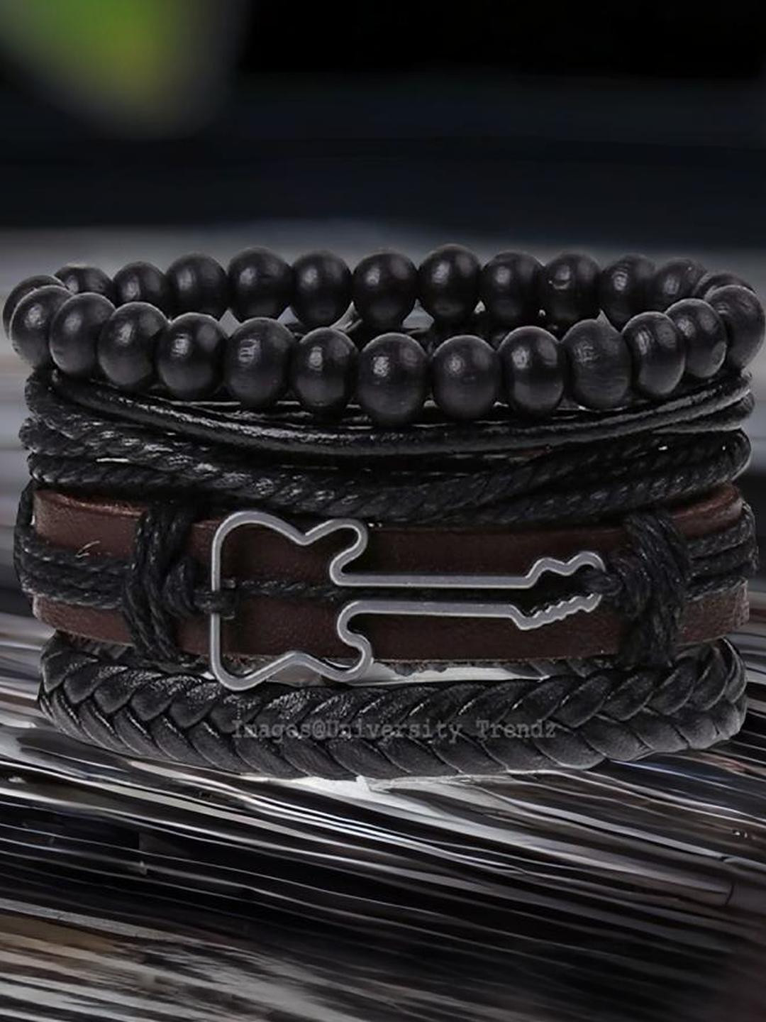 Black Guitar Beaded Wristband Leather Bracelet For Men (Pack of 4)