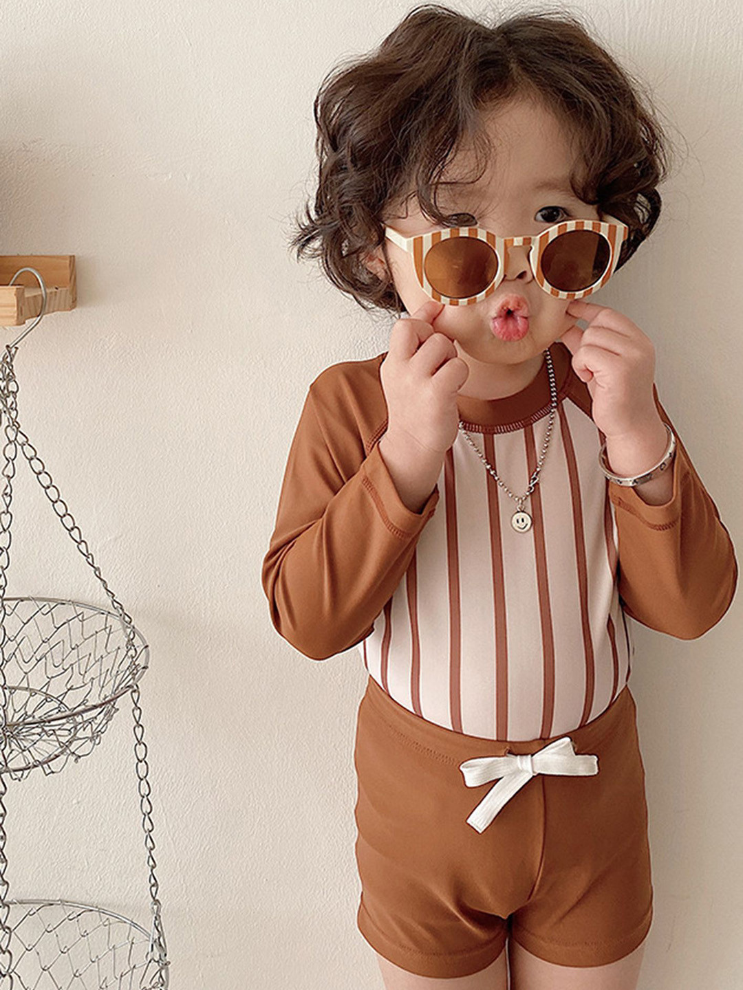 LULU & SKY Boys Striped Round Neck Long Sleeve T-shirt With Short Swim Set