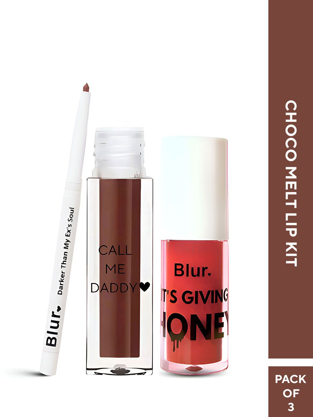 BLUR INDIA 3 Pcs Lipstick + Its Giving Lip Oil + Darker Than My Ex's Soul Kajal Lipliner