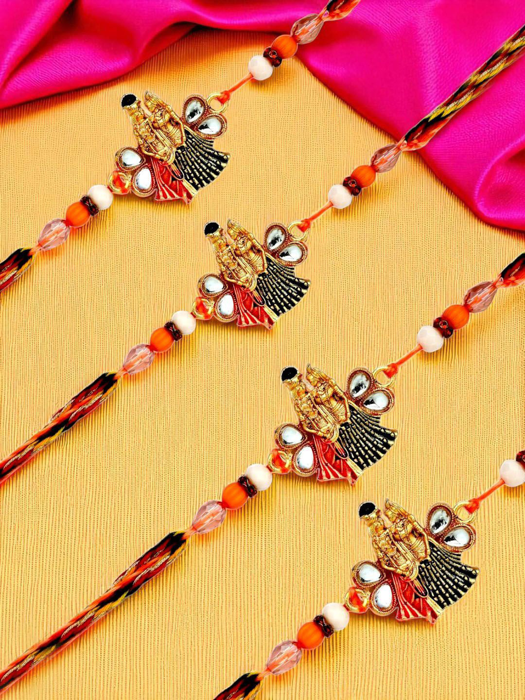 ADIVA Set Of 4 Kundan Beaded Radha & Krishna Thread Rakhis With Roli Chawal Chandan Card