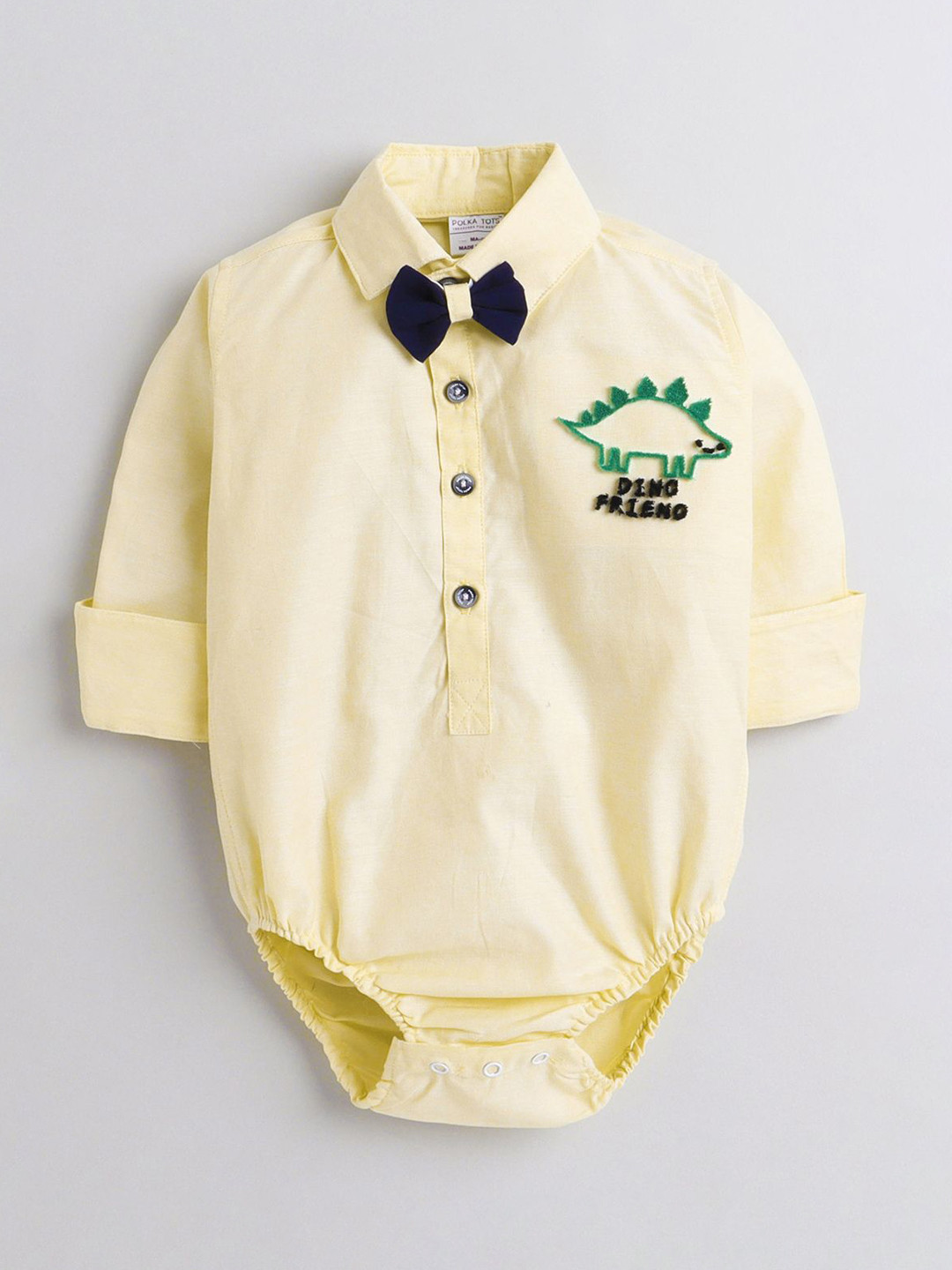 Polka Tots Infants Full Sleeves Dinosaur Embroidered Cotton Bodysuit With Bow Tie