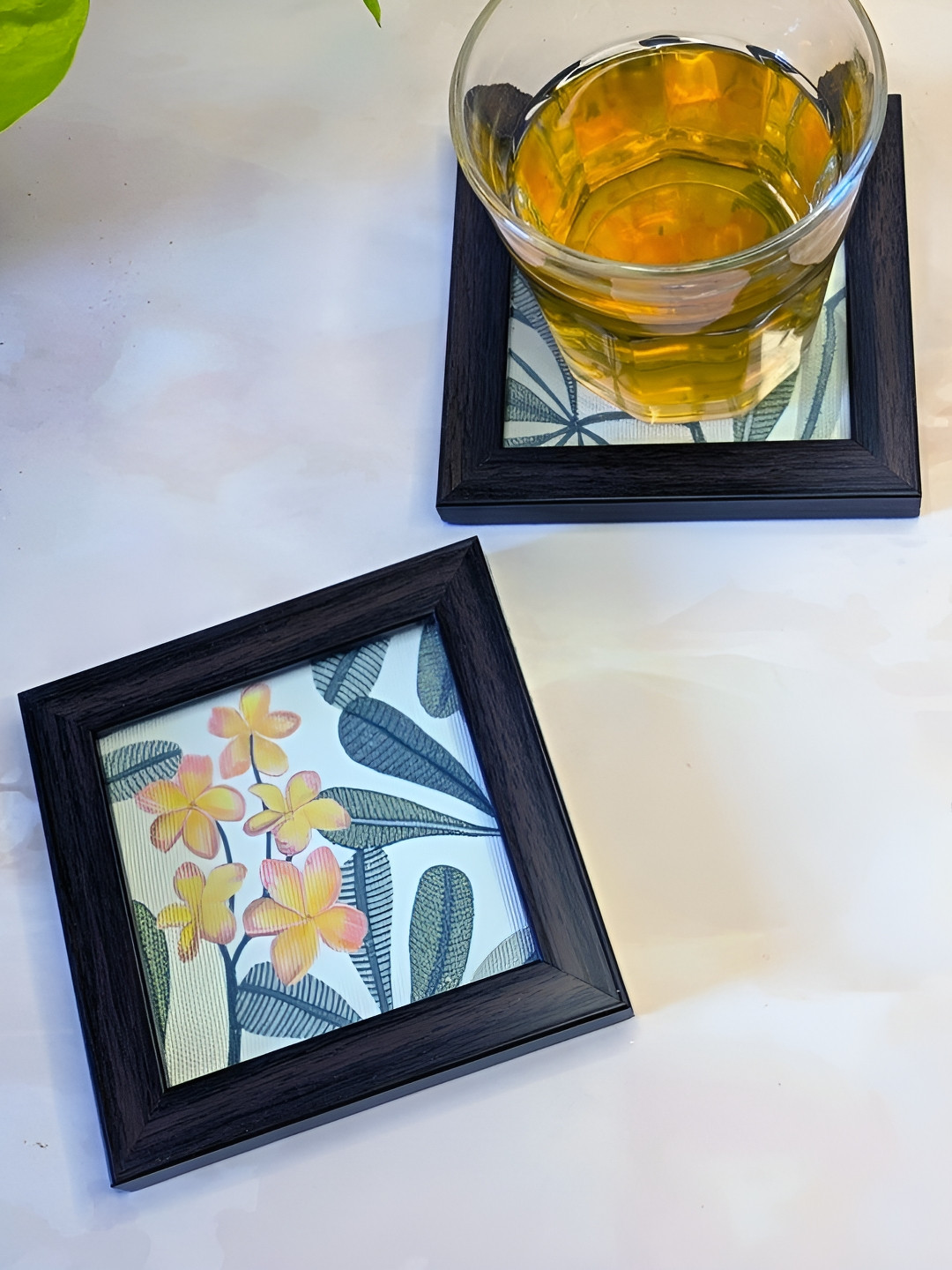 Abolee Homes 2-Pcs Yellow & Brown Frangipani PrintedCoaster