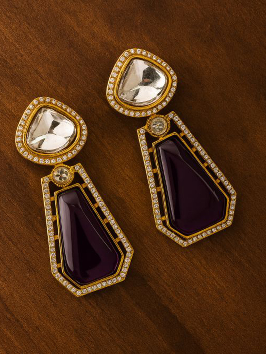 TJC Gold-Plated Artificial Stones Studded Geometric Drop Earrings