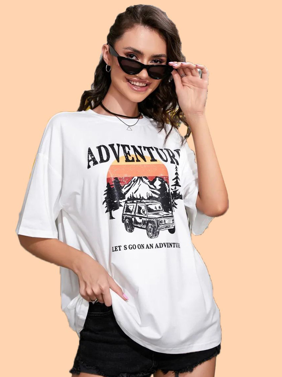 Christy World Typography Printed Round Neck Drop Shoulder Oversized T-shirt