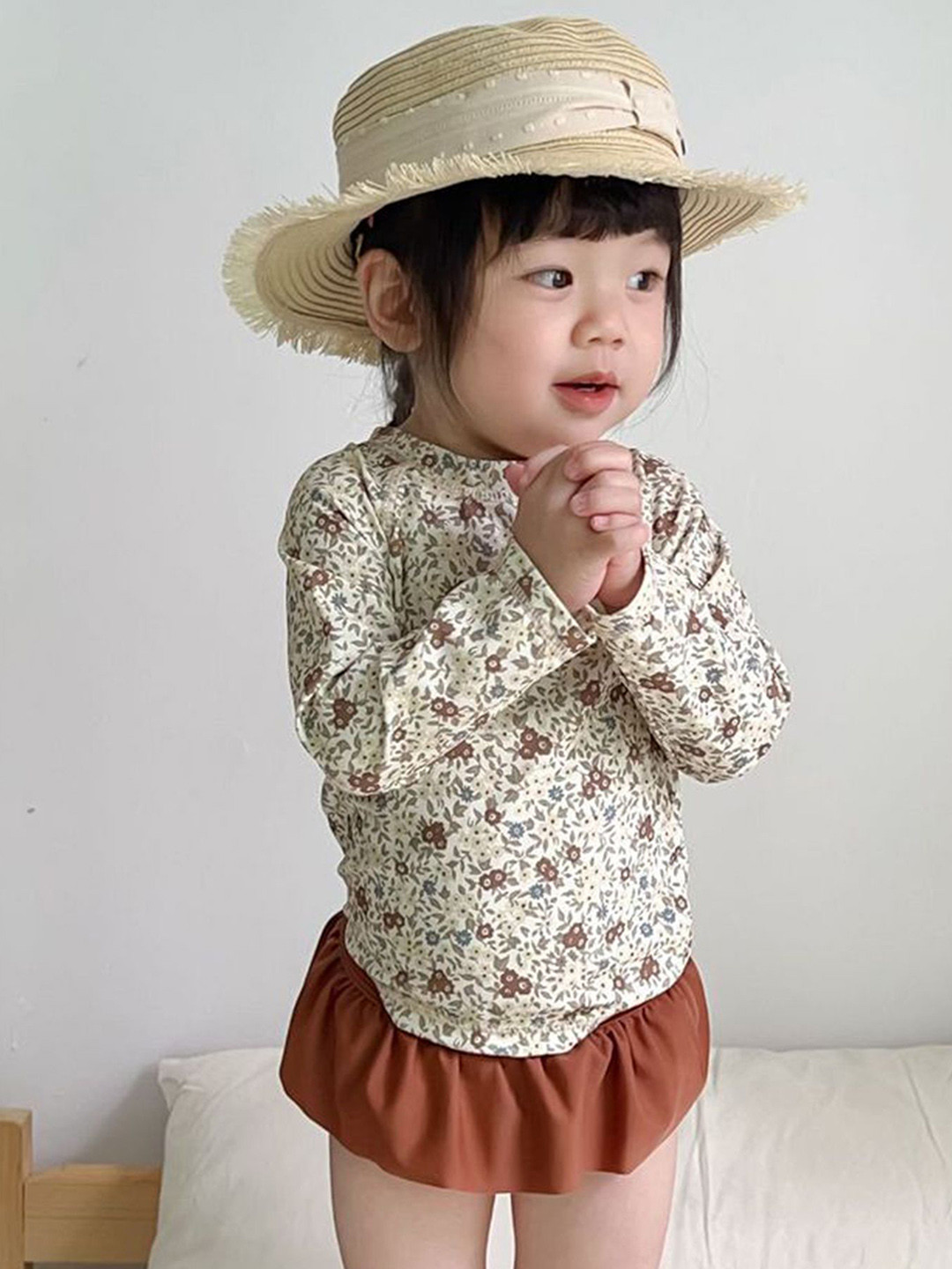 LULU & SKY Girls Floral Printed Round Neck Long Sleeve Top & Skirt With Briefs Swim Set