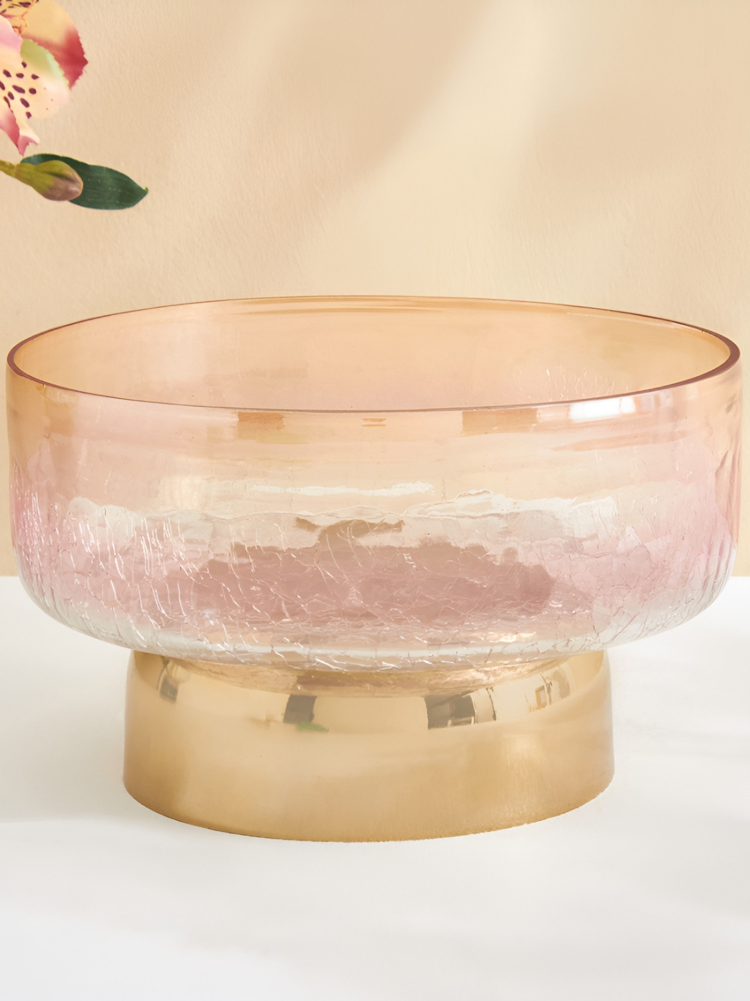 Home Centre Tamaira Crepe Yellow & Transparent Glass & Metal Decorative Bowl