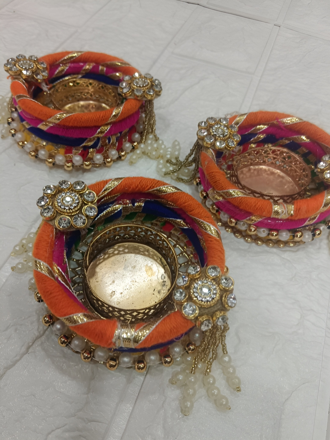 Sellplus 3Pcs Orange-Colored & Yellow Textured T-Light Candle Holders