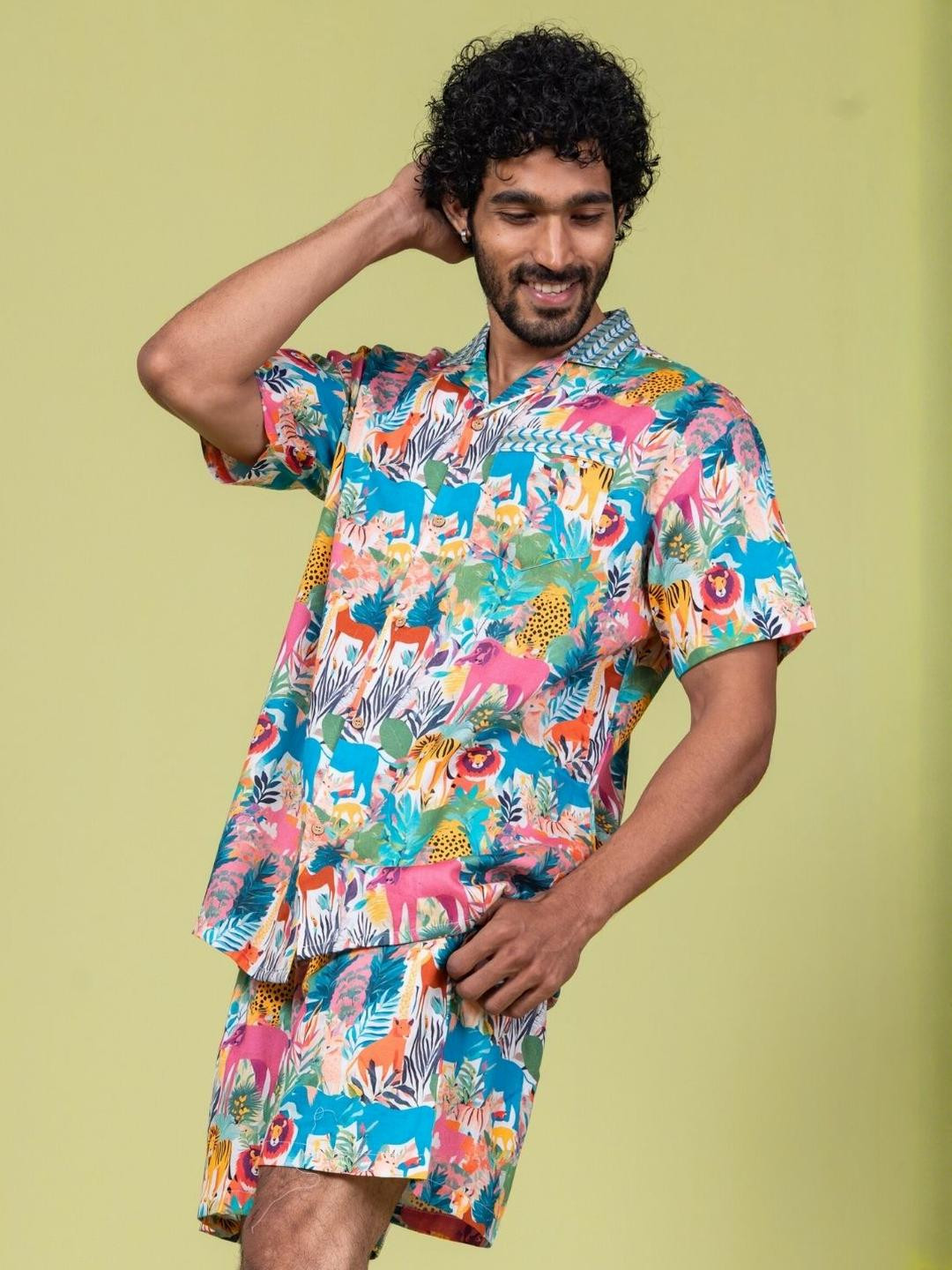 Tura Turi Men Whimsical Forest Printed Cotton Shirt & Shorts Set