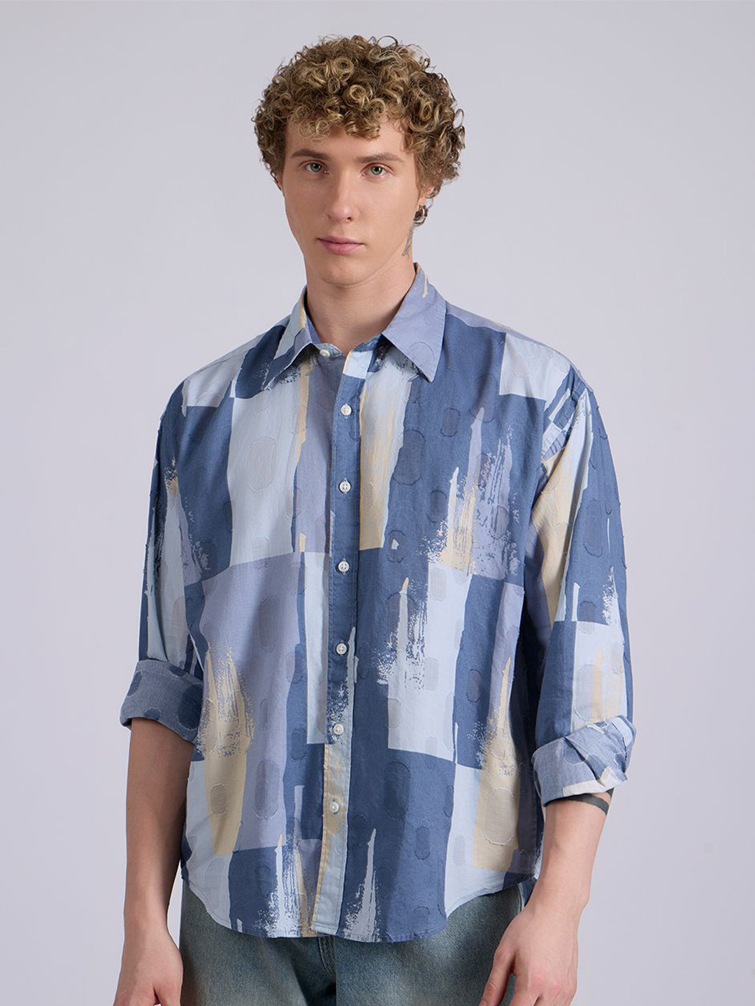 Espanshe Blaz Geometric Printed Drop-Shoulder Sleeves Oversized Cotton Shirt