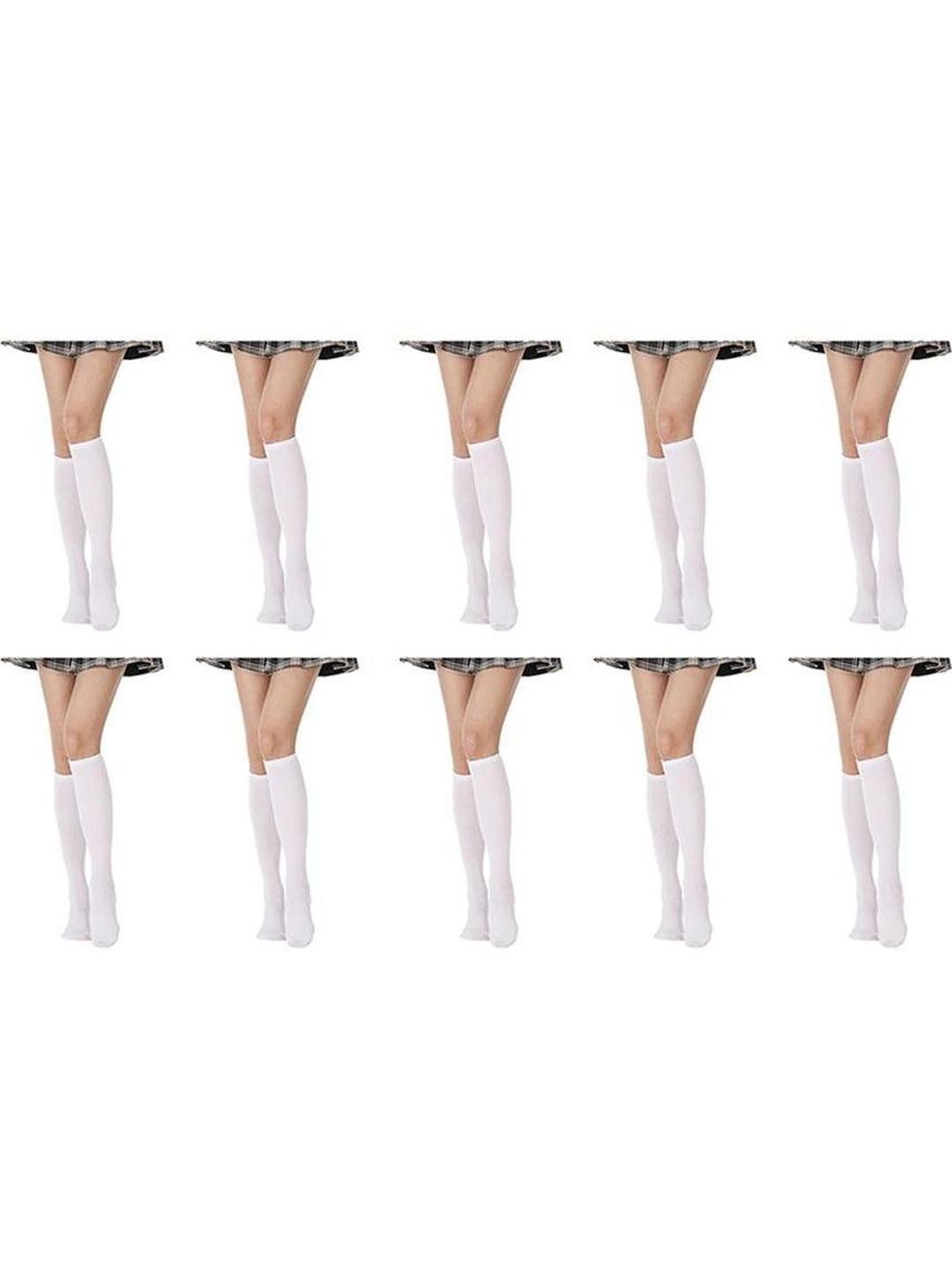 MUKHAKSH Set of 10 Women white Cotton Knee Length Socks