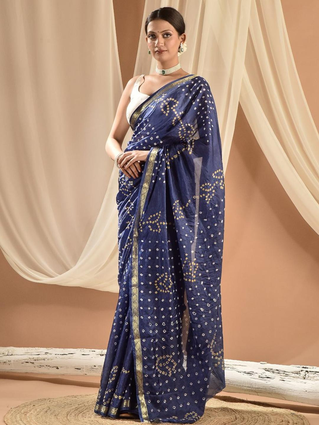 sutra attire Navy Blue Hand Bandhani Silk Saree