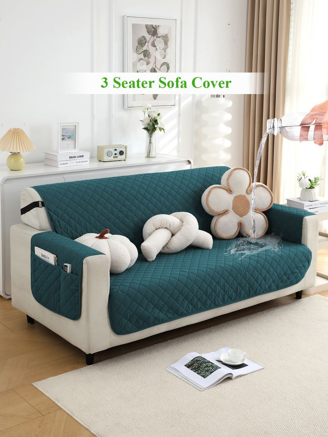 HOKIPO Blue Quilted 3 Seater Sofa Cover With pockets on Armrest Cover